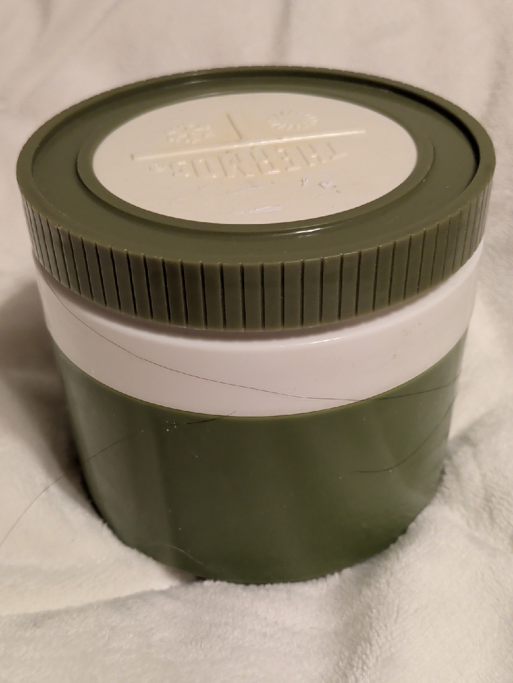 Vintage Thermos Olive Green Insulated Food Jar with White Lid Trim